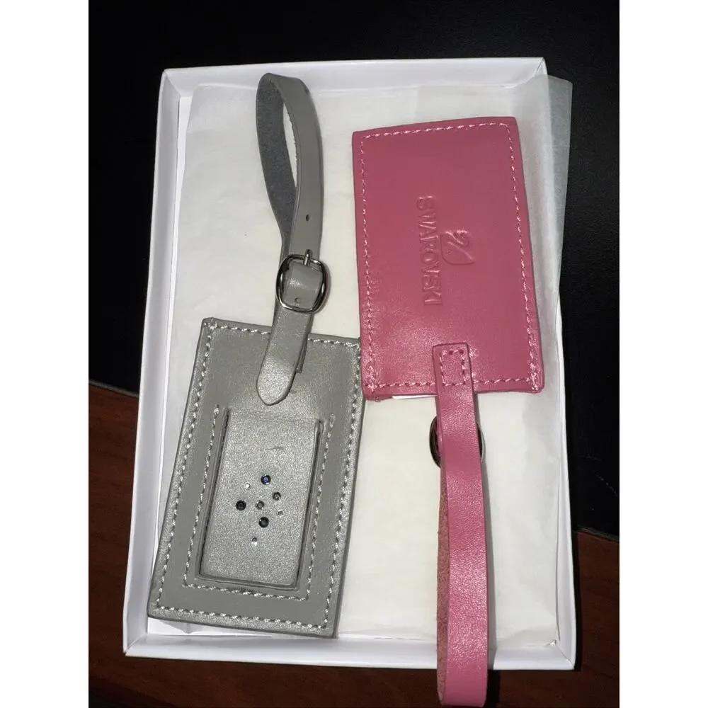 SWAROVSKI Leather Luggage Tags Set of 2 (Gray & Pink) with Box